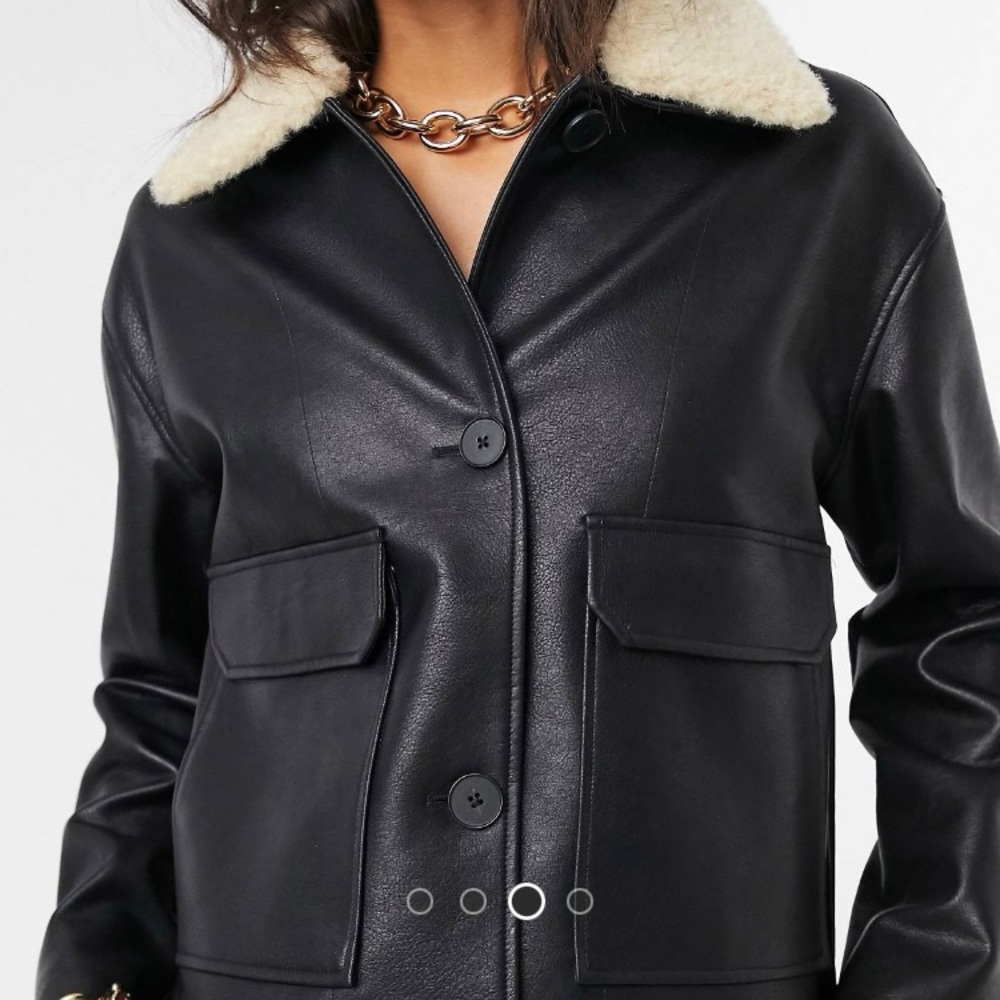 Mango faux leather aviator jacket with teddy collar